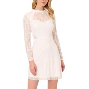 Adrianna Papell White Lace Sequin Illusion Dress Size 14 Wedding Bride